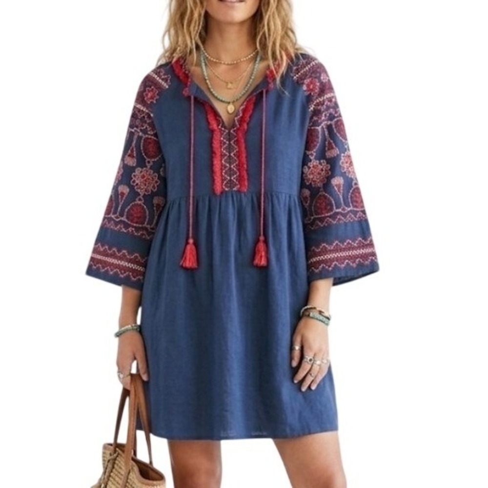 Free The Roses Navy Blue Embroidered Boho Babydoll Mini Dress Red Tassels Small